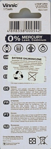 10x AG13 ALKALICKÁ BATÉRIA VINNIC A76 L1154 LR44