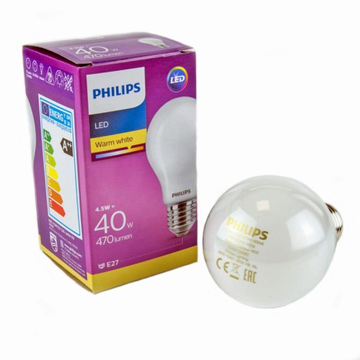 Klasické lampy LED žiarovka 4,5W=40W 470lm 2700K PHILIPS