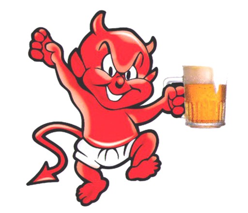 Nálepka DEVIL Čert s hrnčekom piva Pivo Červený čert ČERT Pivo