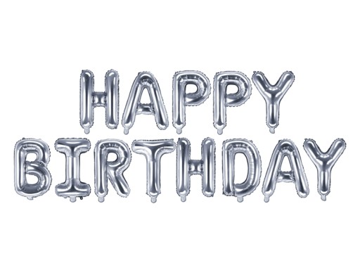 Strieborné narodeninové balóny s nápisom Happy Birthday na narodeninovú girlandu