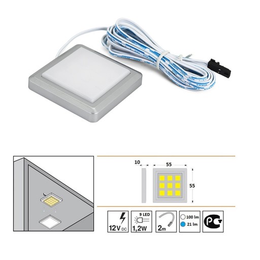 SQUARE LED podskrinkové svietidlo mliečne 12V modré