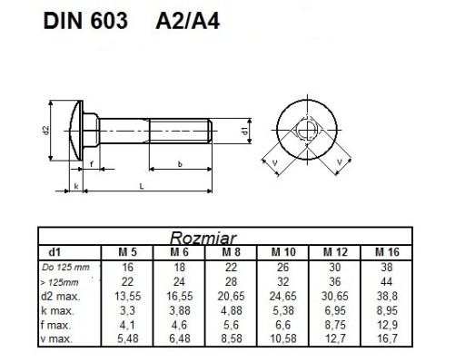 M6x100 Skrutka vozíka z nehrdzavejúcej ocele 603 A2
