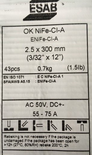 ESAB elektróda pre liatinu 2,5x300 mm Ok NiFe-Cl-A