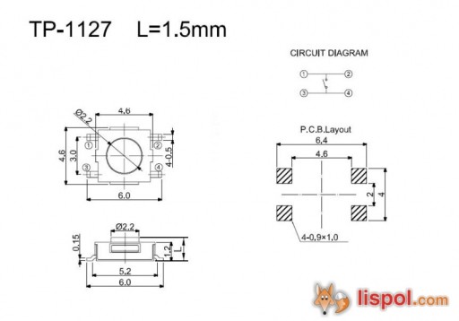 Tlačidlo Tact Switch SMD 4,7x4,7, výška 1,5mm
