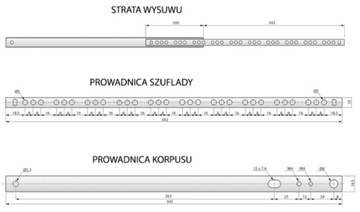 GUĽIČKOVÉ VODÍTKO PRE ZÁSUVKY H17mm. L-342 KOMPLET