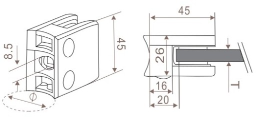 INOX Štvorcový držiak skla 45x45 na fajku 42,4