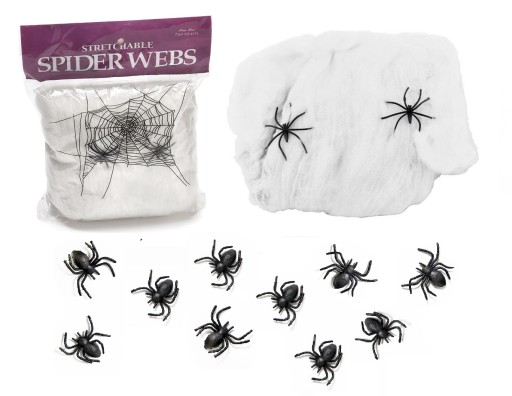 Umelá pavučina biela s 12 pavúkmi Pavúky na Halloween 60g