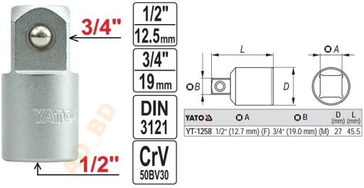 REDUKČNÝ zásuvkový adaptér 1/2'' - 3/4'' YATO YT-1258