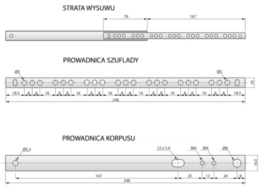 GUĽIČKOVÉ VODÍTKO PRE ZÁSUVKY H17mm. L-246 KOMPLET