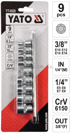 Nástrčkové kľúče YATO TORX 9 dielne TORXY na lište