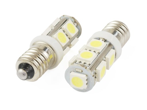 LED žiarovka, závit E10, 9 SMD 5050, studená biela, 12V
