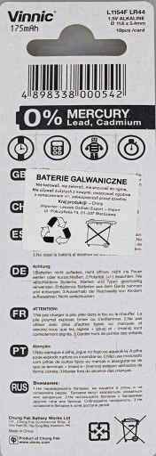 10x AG13 ALKALICKÁ BATÉRIA VINNIC A76 L1154 LR44