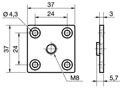 1x montážna doska 37x37x3 mm pre závit M8