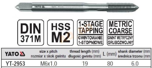 YATO YT-2953 STROJNÉ ZÁVAŽOVANIE HSS M2, M6