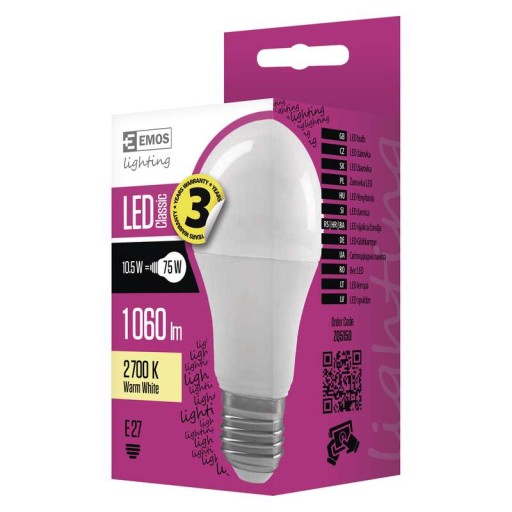 LED guľová žiarovka E27 10,5W=75W teplá, záruka 3 roky