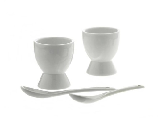 Porcelánové poháre na vajíčka s bielymi lyžičkami, sada 4 ks