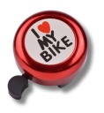 Mechanický zvonček na bicykel, hliník, PVC, 54mm, I LOVE MY BIKE, červený