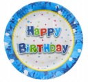HAPPY BIRTHDAY modré, farebné narodeninové papierové taniere, 6 kusov
