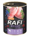 RAFI mokré krmivo pre psov, konzerva, 800g S KRÁLIKOM, čučoriedka, brusnica, BEZ OBILÍN
