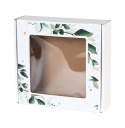 BIELA ​​krabička s OKNO 200x200x50mm potlač LISTOV Darčeková krabička