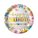 Papierové taniere 10 ks Happy Birthday 18cm BOHO FLOWERS zlaté Narodeniny