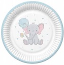 Modré papierové taniere ELEPHANT One Year Baby Shower Birthday 18cm 8ks