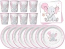 BABY SPRCHOVÁ súprava taniere, šálky, obrúsky, SLON, ružová, narodeninová oslava
