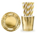 Sada tanierov, pohárov, jednorazové, papierové, Gold Set, slamky