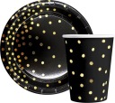 Sada tanierov, papierových pohárov, BLACK GOLD bodiek, svadobné, narodeninové, PARTY