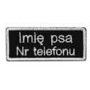 Nášivka s menovkou s telefónnym číslom pre mačku na postroj