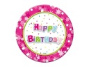 Papierové taniere Happy Birthday (ružové) 18 cm, 6 ks.