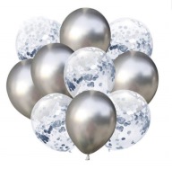 10x pochrómovaný SILVER balón s konfetami SILVER