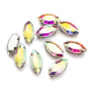 Štrasové kamienky na šitie v košíku, sklo a mosadz, konské oko 15x7mm, 10ks