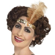 RETRO flitrová ZLATÁ elastická čelenka s pierkom