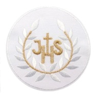 Hostiteľ IHS, biela výšivka, 1 kus, znak, COMMUNION, nášivka alba, 4