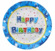 HAPPY BIRTHDAY modré, farebné narodeninové papierové taniere, 6 kusov