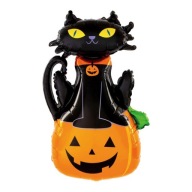Tekvicový fóliový balónik s čiernou mačkou Halloween