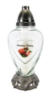 Sklenená srdcová sviečka s nápisom We love - Spomíname, veľký lampáš, 31 cm