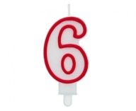 Narodeninová sviečka číslo 6, biela s červeným obrysom, 7 cm