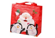 Červená darčeková taška Santa a Penguins 22 cm x 22 cm x 11 cm