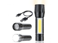 MEGA VÝKONNÉ TAKTICKÉ SVETLO XPE COB ZOOM SOS LED PUZDRO USB ČIERNY HLINÍK