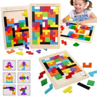 DREVENÉ BLOKY TETRIS PUZZLE 40 ELEM TANGRAM LOGICKÁ HERNÁ SADA