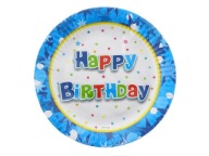 Papierové taniere Happy Birthday, modré, 18 cm, 6 ks.