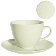 Veľká biela porcelánová šálka s podšálkou 450 ml čipka Rina 1079