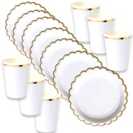 Párty set BIELE ZLATÉ elegantné BOHO POHÁRKY A PAPIEROVÉ TANIERE