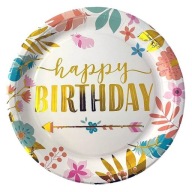 Happy Birthday papierové taniere 23cm BOHO FLOWERS zlatý nápis Birthday