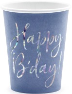 HOLOGRAPHIC Happy Birthday Cups, NÁMORNÍCKA MODRÁ, na NARODENINY, 6 KS