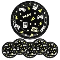Narodeninové papierové taniere, hráčske narodeniny, čierne gamepady, 23 cm, 6 kusov