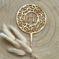 IHS v ozdobnom kruhovom ráfiku Communion Communion topper Zlaté PLEXI zrkadlo