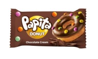 Donut s čokoládovou náplňou, sušienka v kakaovej poleve s kvapkami Papita